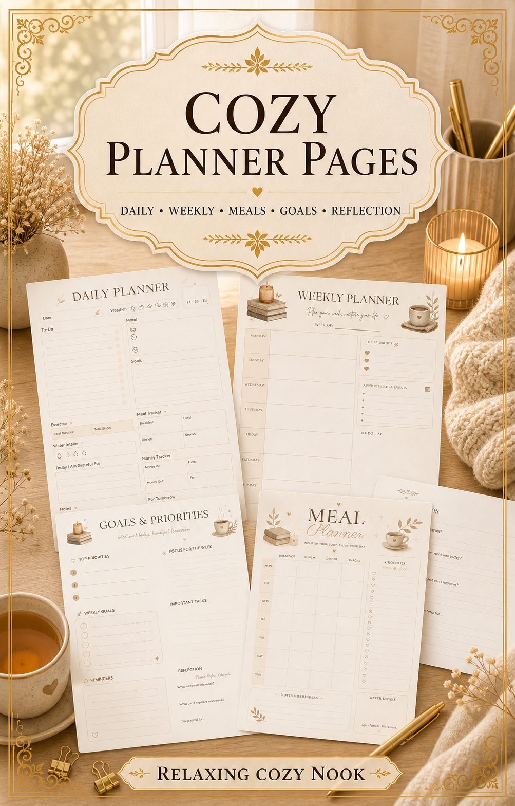 Cozy Planner Pages — Daily, Weekly, Meals, Goals and Reflection